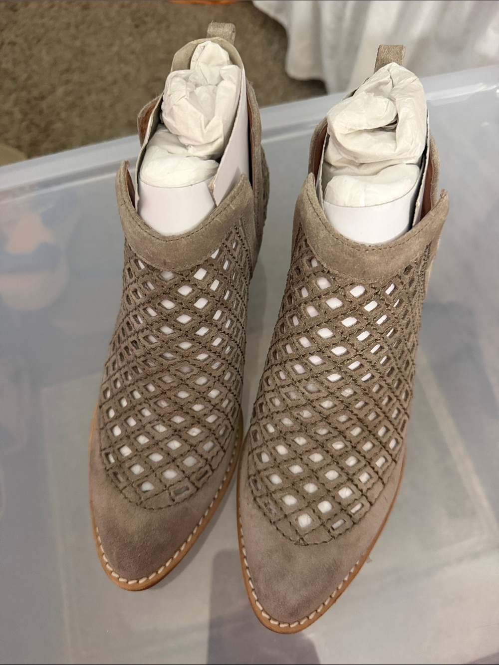 Jeffrey Campbell Taupe Suede Laser-Cut Ankle Booties